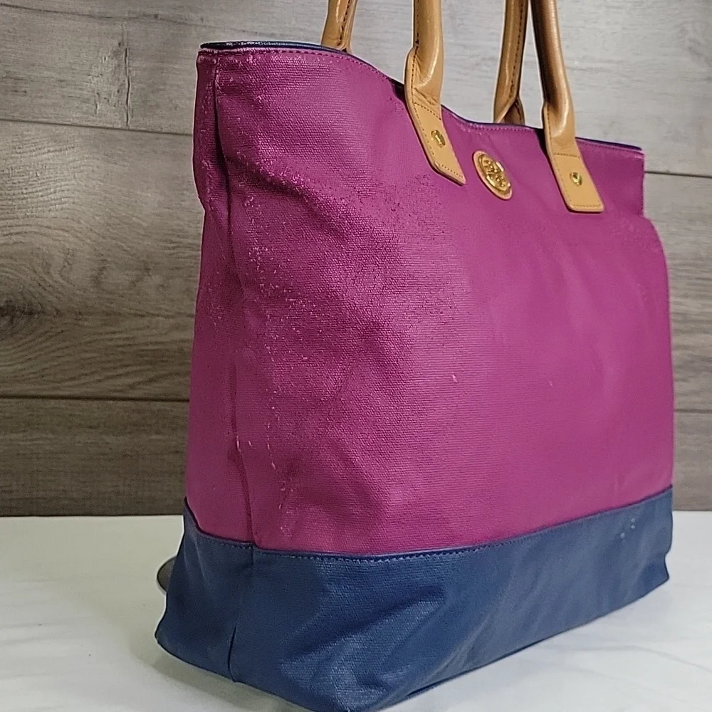 Tory Burch Dipped Canvas Leather Purple Blue Jaden Tote Shoulder Bag